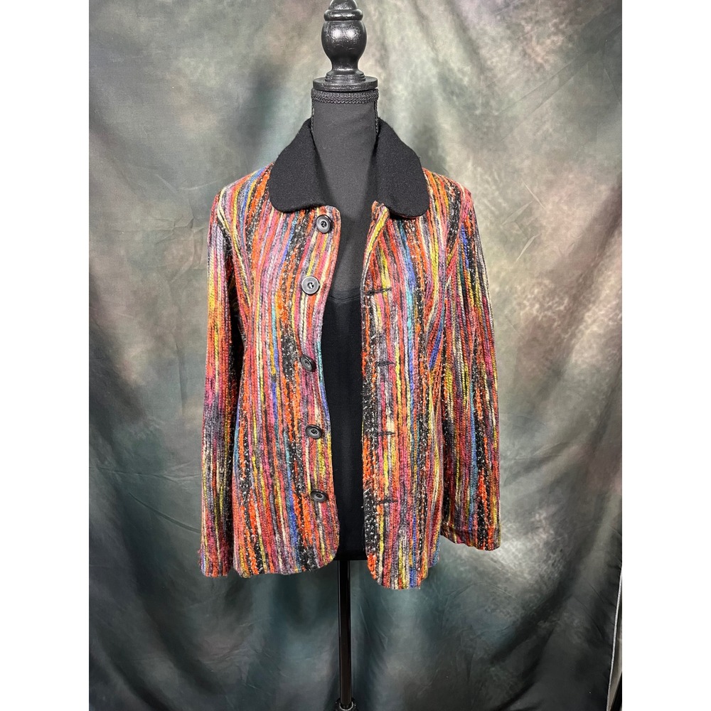 Venario Multi Color Stripe Textured Button Front Jacket Black Collar Large